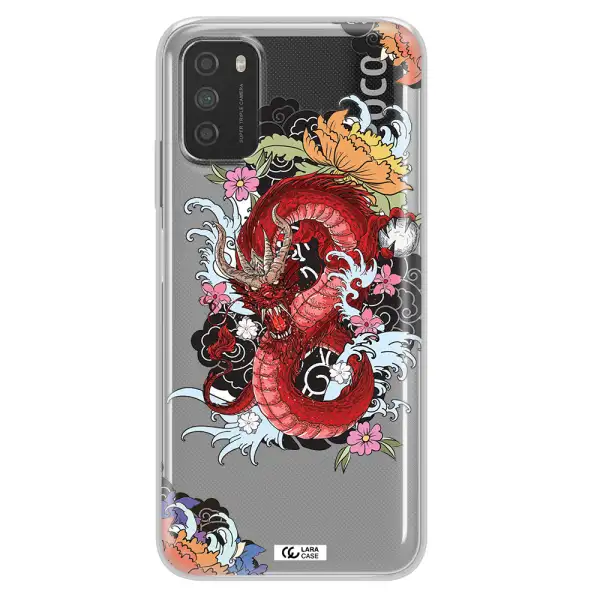 a red dragon with flowers and clouds Xiaomi Poco M3 Clear TPU Case
