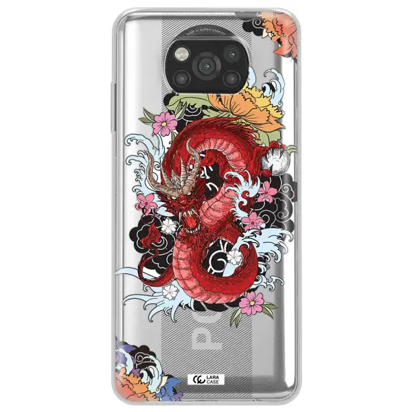 a red dragon with flowers and clouds Xiaomi Poco X3 Clear TPU Case