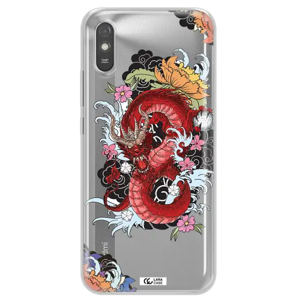 a red dragon with flowers and clouds Xiaomi Redmi 9A Clear TPU Case