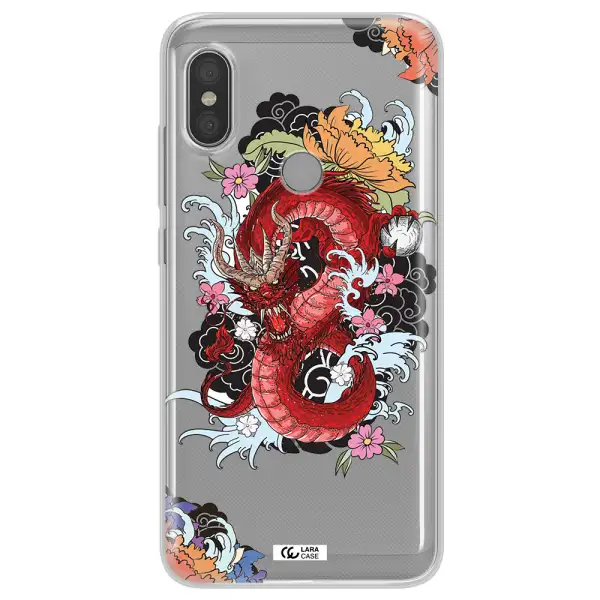 a red dragon with flowers and clouds Xiaomi Redmi Note 6 Pro Clear TPU Case