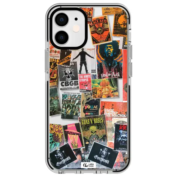 a collection of posters on a wall Apple iPhone 12 mini impact black border Case