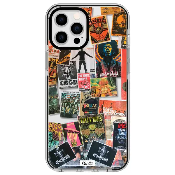 a collection of posters on a wall Apple iPhone 12 pro max impact black border Case