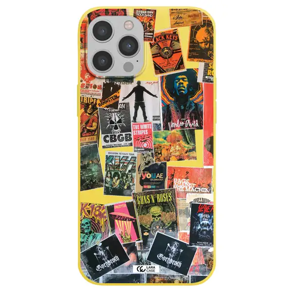 a collection of posters on a wall Apple iPhone 12 pro max Silicone canary yellow Case