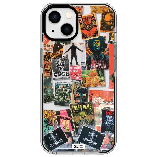 a collection of posters on a wall Apple iPhone 13 impact black border Case