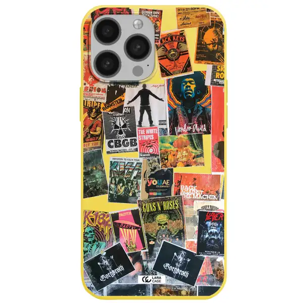 a collection of posters on a wall Apple iPhone 13 Pro Max Silicone canary yellow Case