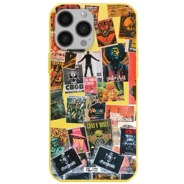 a collection of posters on a wall Apple iPhone 13 Pro Silicone canary yellow Case