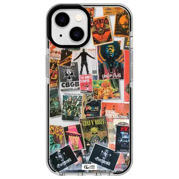 a collection of posters on a wall Apple iPhone 14 impact black border Case
