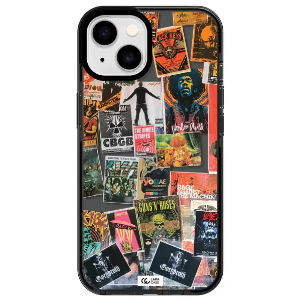 a collection of posters on a wall Apple iPhone 14 impact Smoke Black Case