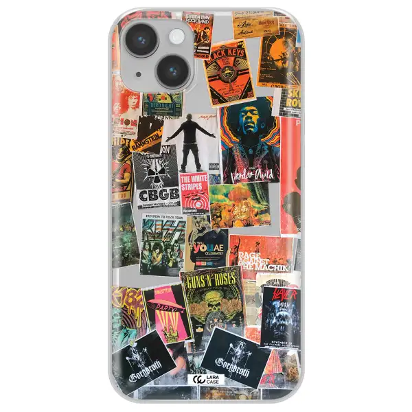 a collection of posters on a wall Apple iPhone 14 plus Clear TPU Case