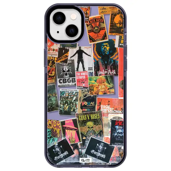 a collection of posters on a wall Apple iPhone 14 plus impact Lilac Case