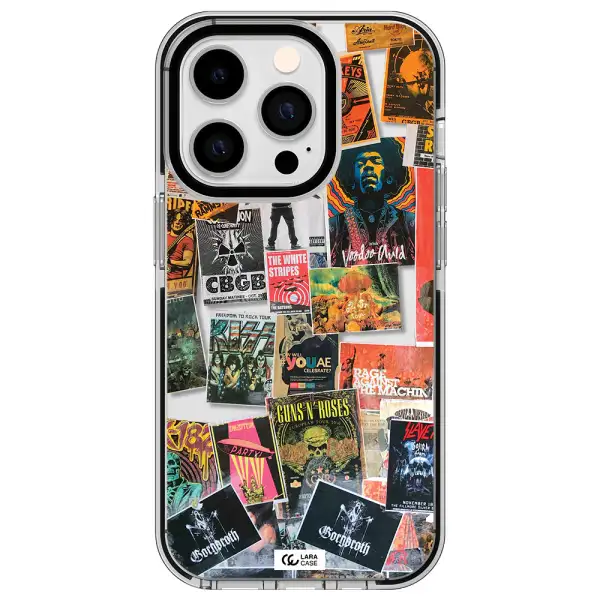 a collection of posters on a wall Apple iPhone 14 pro impact black border Case