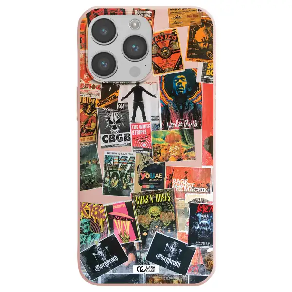 a collection of posters on a wall Apple iPhone 14 pro max Silicone pastel pink Case