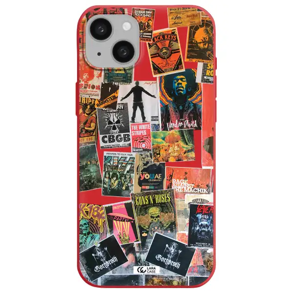 a collection of posters on a wall Apple iphone 15 plus Silicone Imperial Red Case