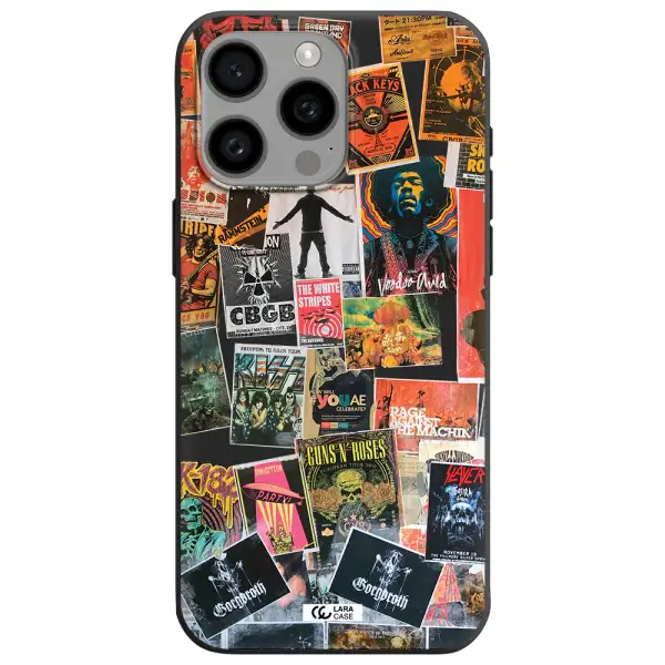 a collection of posters on a wall Apple Iphone 15 Pro max Silicone black Case