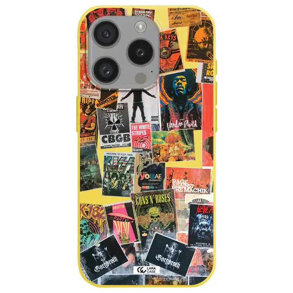 A Collection Of Posters On A Wall Apple Iphone 15 Pro Silicone Canary Yellow Case