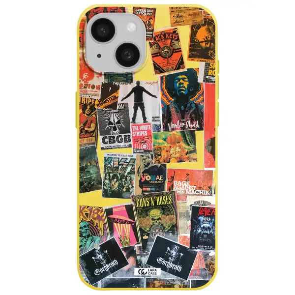 a collection of posters on a wall Apple iPhone 15 Silicone canary yellow Case
