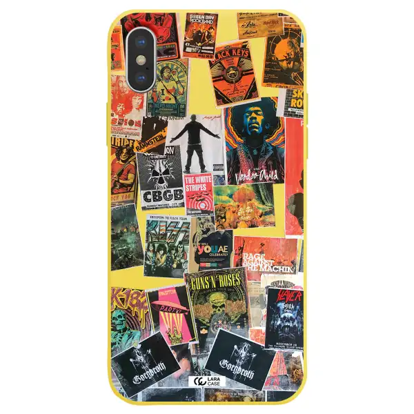 a collection of posters on a wall Apple iPhone XS Silicone canary yellow Case