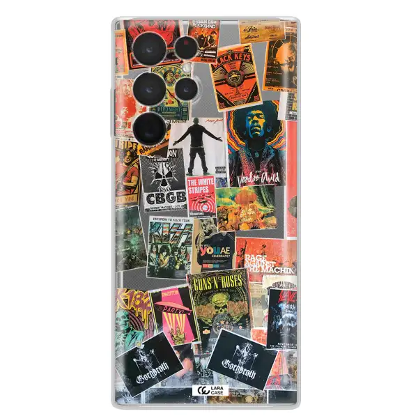 a collection of posters on a wall Samsung S 22 Ultra Clear TPU Case