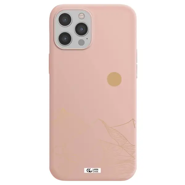 a mountain range with a sun in the background Apple iPhone 12 pro max Silicone pastel pink Case