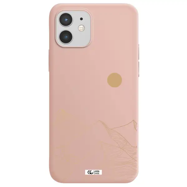 a mountain range with a sun in the background Apple iPhone 12 Silicone pastel pink Case