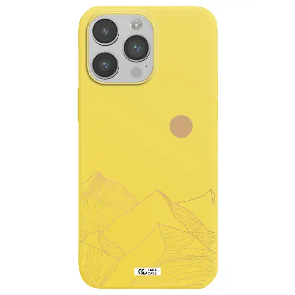 a mountain range with a sun in the background Apple iPhone 14 pro max Silicone canary yellow Case
