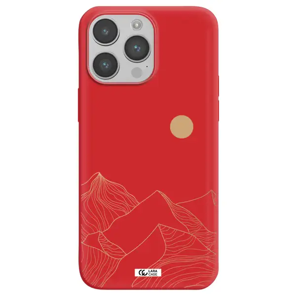 a mountain range with a sun in the background Apple iPhone 14 pro max Silicone Imperial Red Case