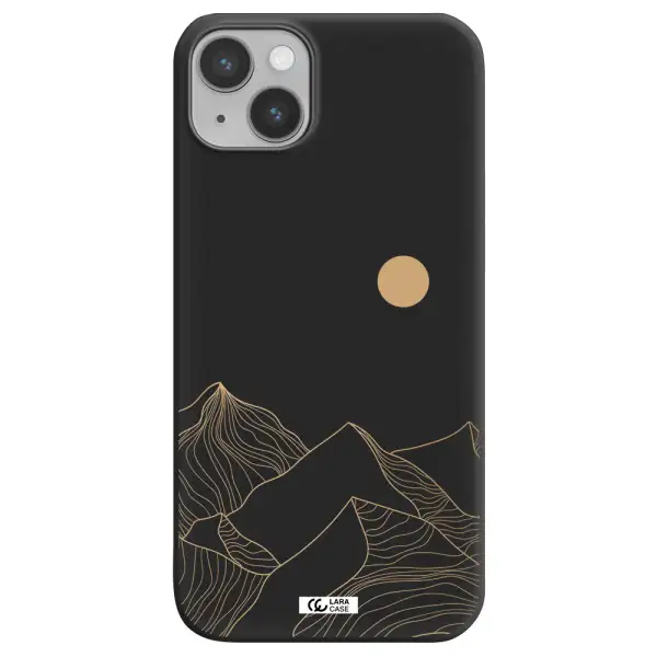 a mountain range with a sun in the background Apple iPhone 14 Silicone black Case