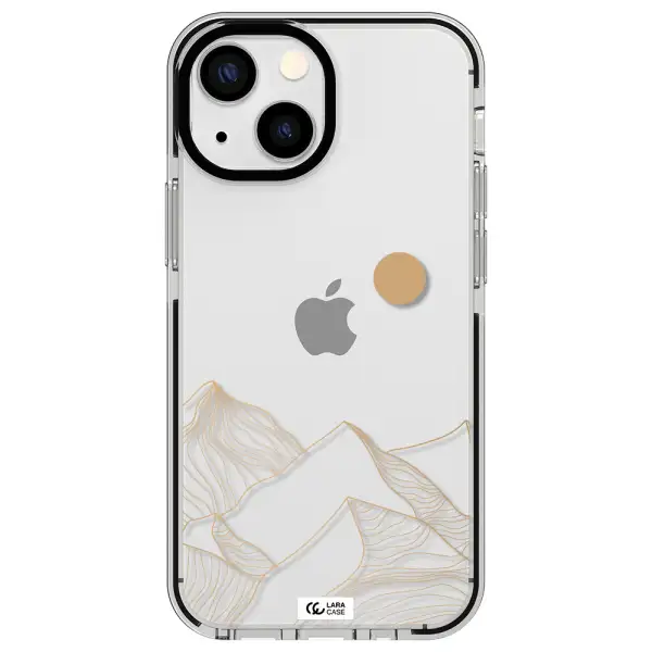 a mountain range with a sun in the background Apple iPhone 15 impact black border Case