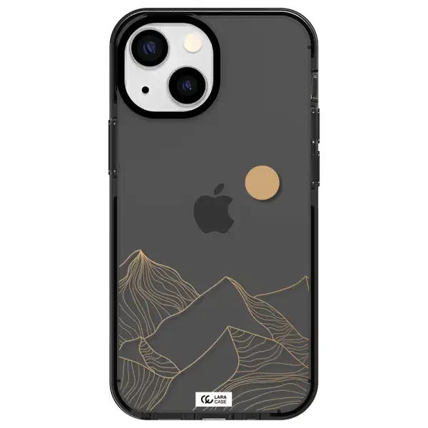a mountain range with a sun in the background Apple iPhone 15 impact Smoke Black Case