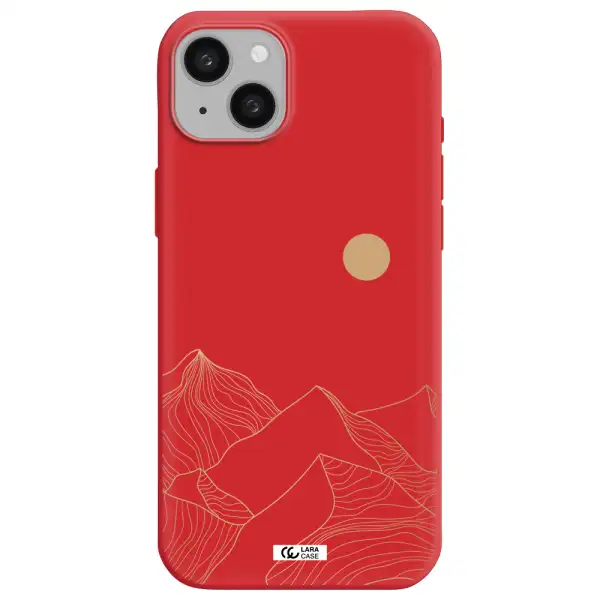 a mountain range with a sun in the background Apple iphone 15 plus Silicone Imperial Red Case