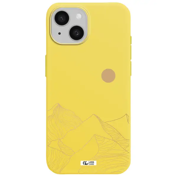 a mountain range with a sun in the background Apple iPhone 15 Silicone canary yellow Case