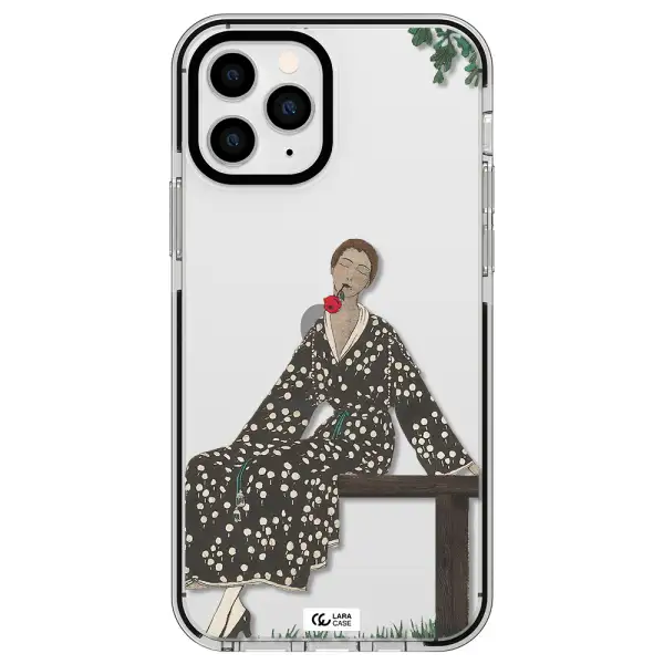 a woman sitting on a bench Apple iPhone 11 pro impact black border Case