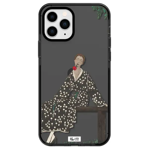 a woman sitting on a bench Apple iPhone 11 pro impact Smoke Black Case