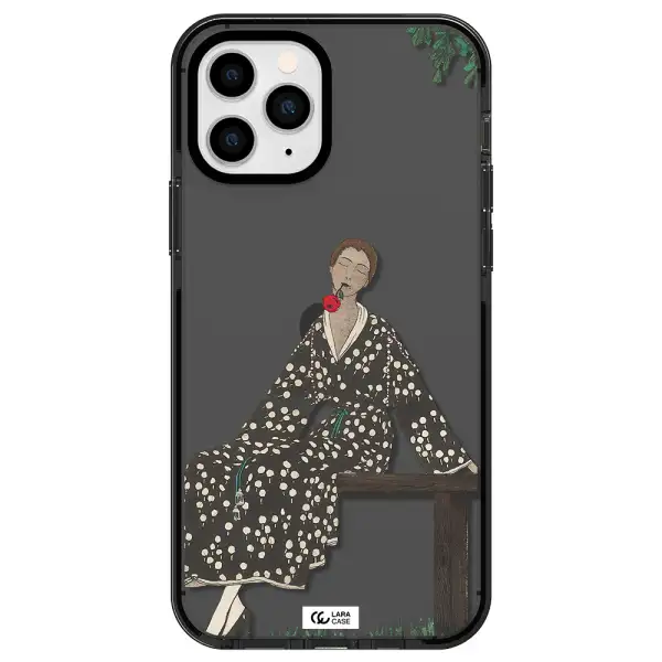 a woman sitting on a bench Apple iPhone 11 pro max impact Smoke Black Case