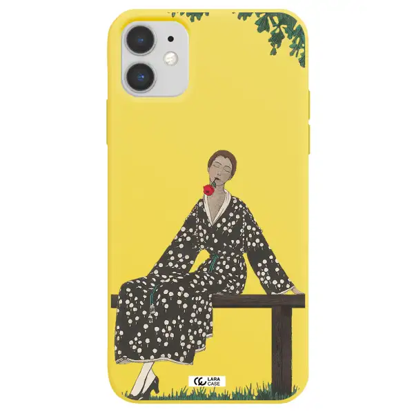 a woman sitting on a bench Apple iPhone 11 Silicone canary yellow Case
