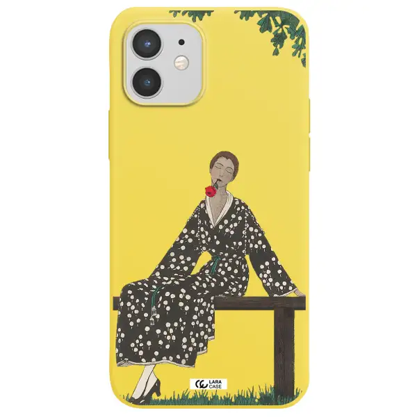 a woman sitting on a bench Apple iPhone 12 mini Silicone canary yellow Case
