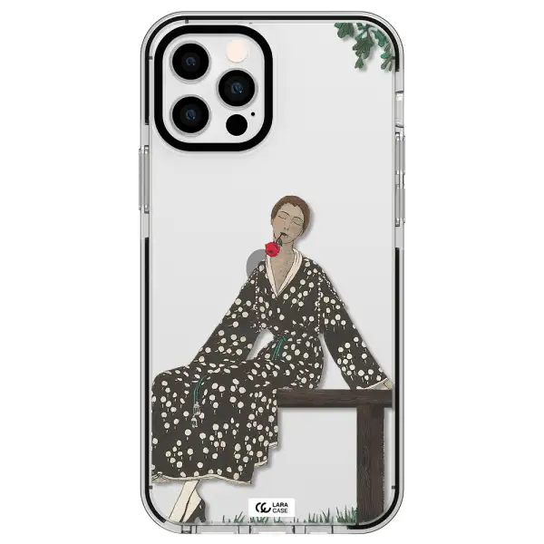 a woman sitting on a bench Apple iPhone 12 pro impact black border Case
