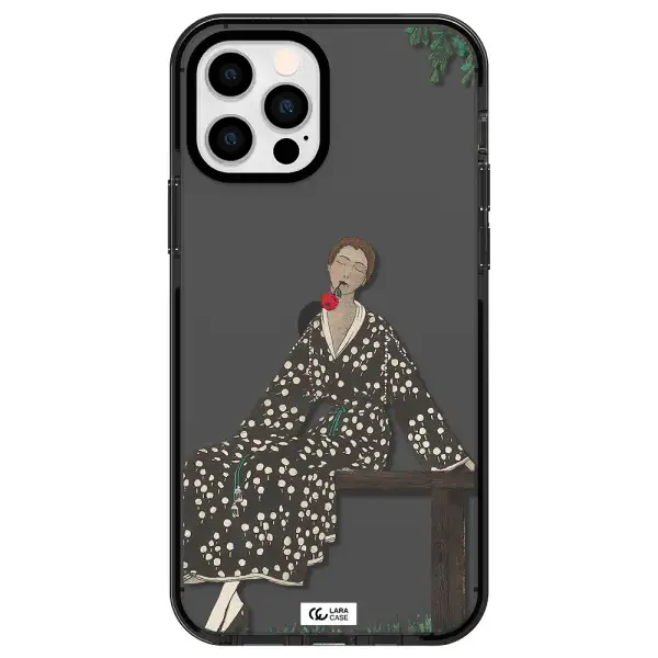 a woman sitting on a bench Apple iPhone 12 pro impact Smoke Black Case