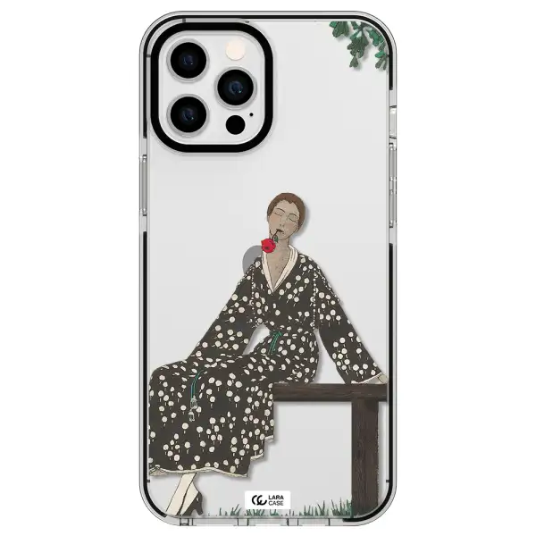a woman sitting on a bench Apple iPhone 12 pro max impact black border Case