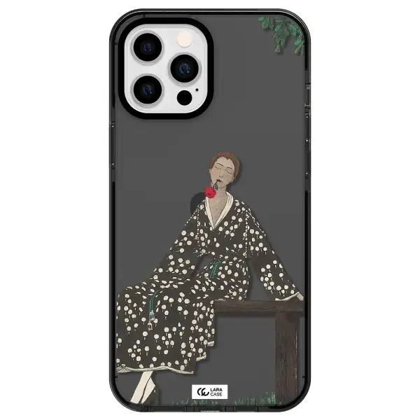 a woman sitting on a bench Apple iPhone 12 pro max impact Smoke Black Case
