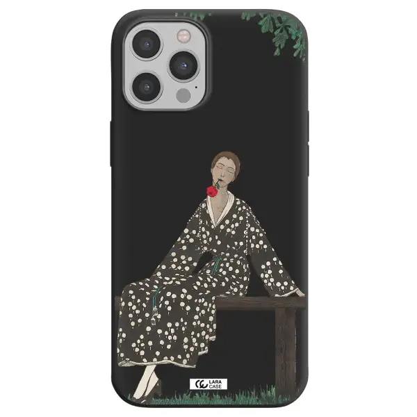 a woman sitting on a bench Apple iPhone 12 pro max Silicone black Case