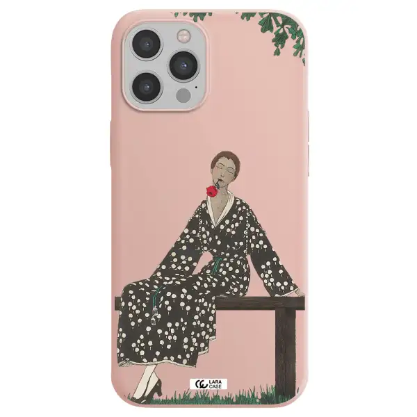 a woman sitting on a bench Apple iPhone 12 pro max Silicone pastel pink Case