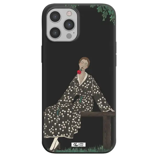 a woman sitting on a bench Apple iPhone 12 pro Silicone black Case