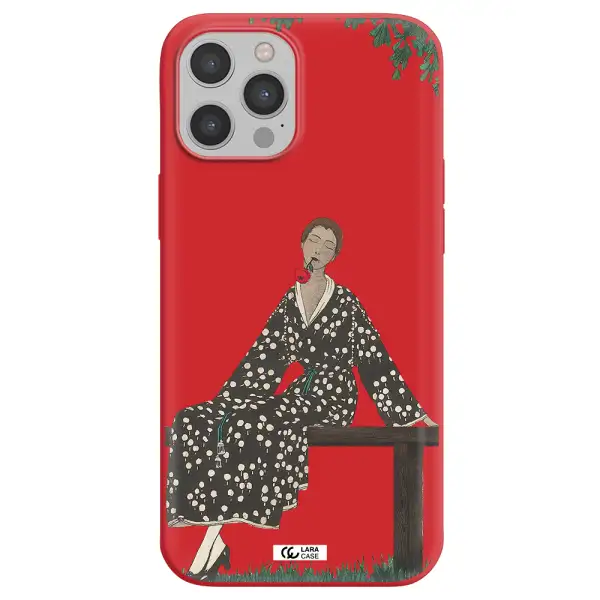 a woman sitting on a bench Apple iPhone 12 pro Silicone Imperial Red Case