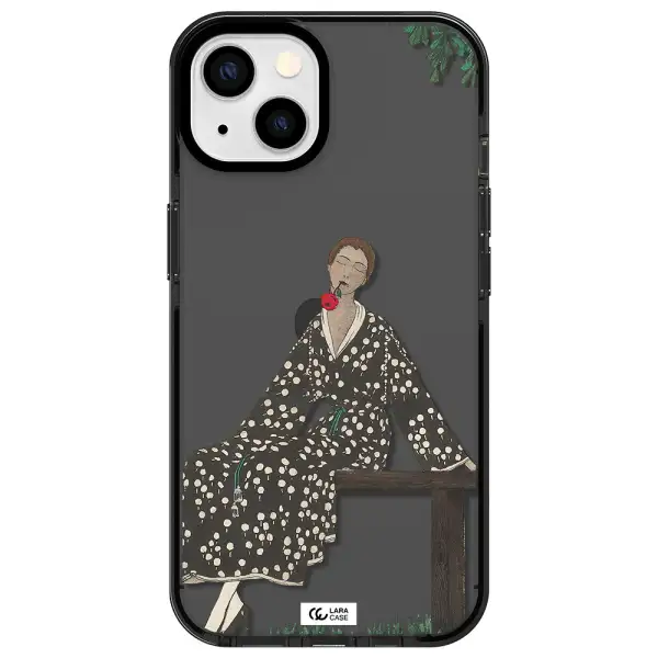 a woman sitting on a bench Apple iPhone 13 impact Smoke Black Case