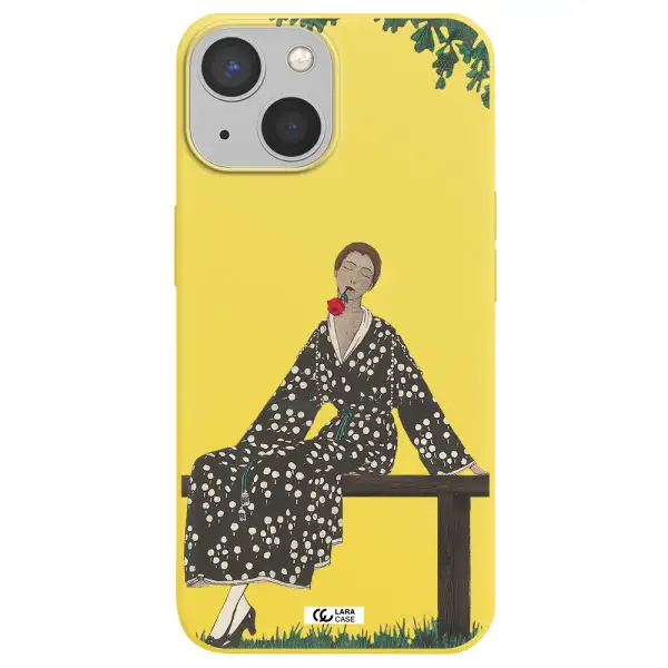 a woman sitting on a bench Apple iPhone 13 mini Silicone canary yellow Case