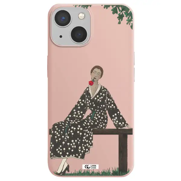 a woman sitting on a bench Apple iPhone 13 mini Silicone pastel pink Case