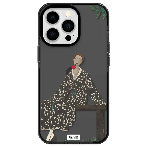 a woman sitting on a bench Apple iPhone 13 Pro impact Smoke Black Case