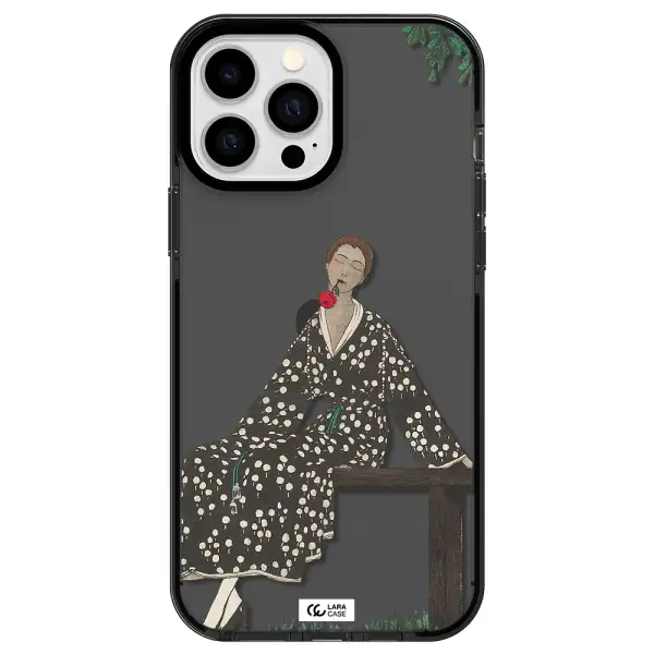 a woman sitting on a bench Apple iPhone 13 Pro Max impact Smoke Black Case