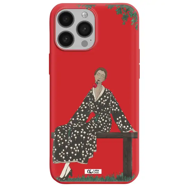 a woman sitting on a bench Apple iPhone 13 Pro Max Silicone Imperial Red Case
